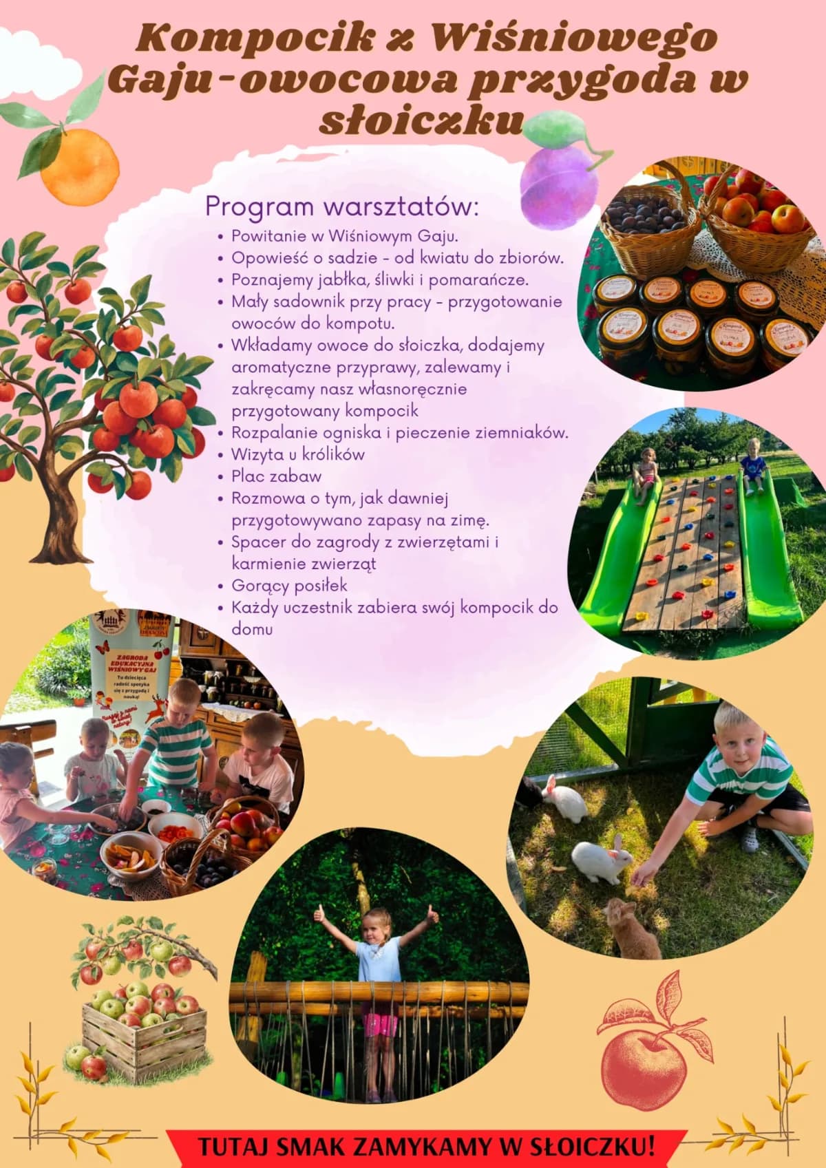 Plakat: Kompocik z Wiśniowego Gaju — owocowa przygoda w słoiczku — program warsztatów w zagrodzie edukacyjnej Wiśniowy Gaj